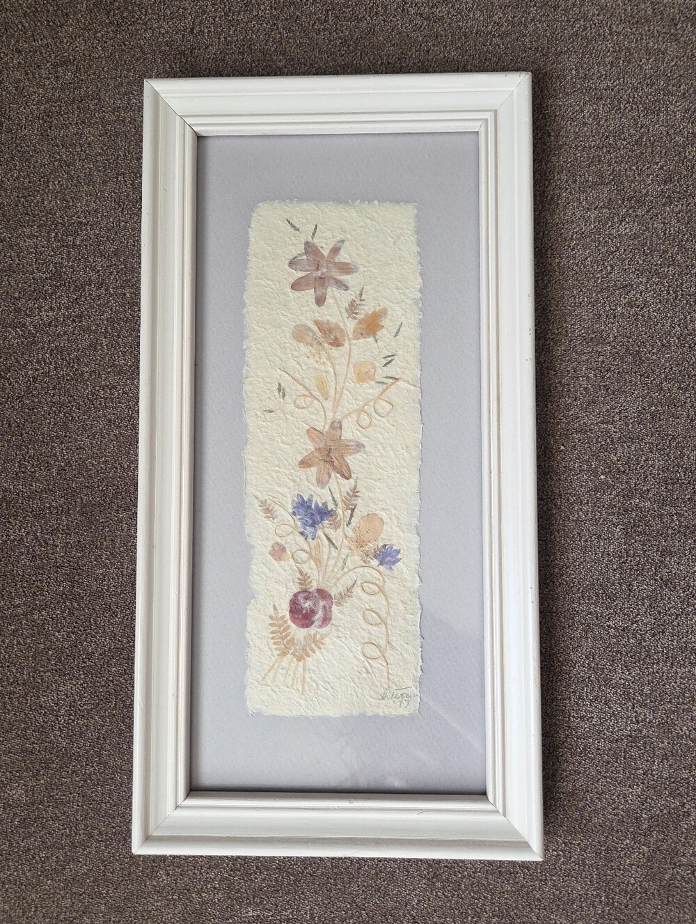 Vintage 1997 Pressed Flower Framed Art With Lavender Purple Matt